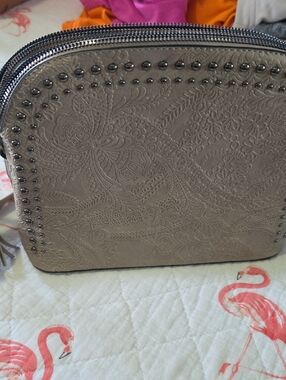 Taupe Embossed Stud-Trim Crossbody Bag